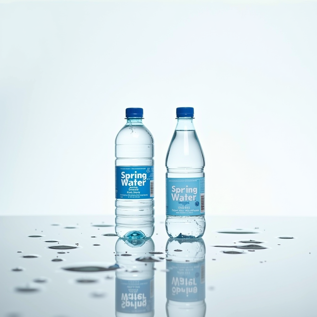 Comparison of spring water and purified water bottles side by side on a clean white surface with water droplets, showing mineral content differences and health benefits for family hydration