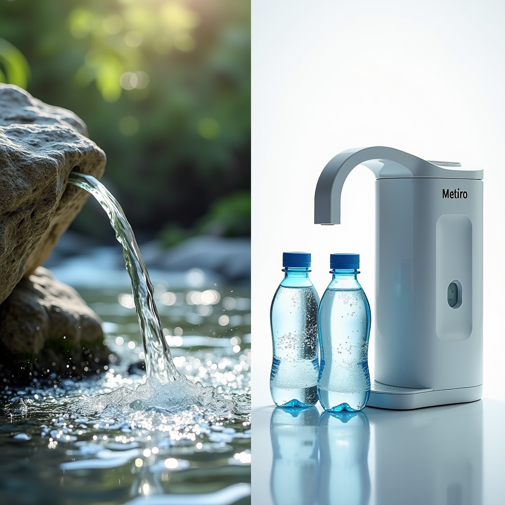 Side by side comparison showing natural spring water flowing from mountain rocks on the left and a modern water purification system with filtered water bottles on the right, both displayed on a clean white surface with natural lighting