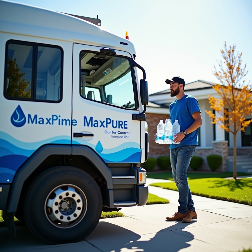 MaxPure water delivery truck parked in a modern residential neighborhood with driver carrying water bottles to a customer's doorstep, bright sunny day, professional service