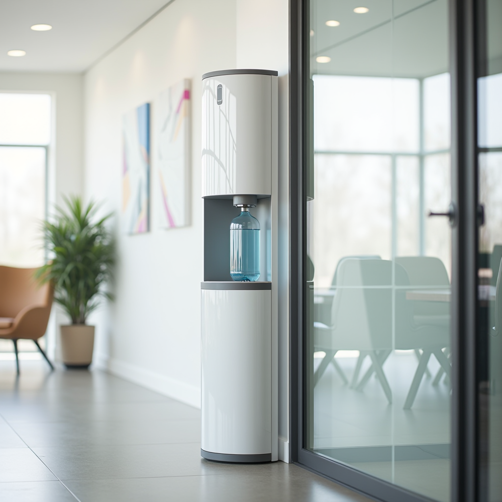 Modern water cooler dispensing fresh water in a contemporary office environment with clean white walls and natural lighting