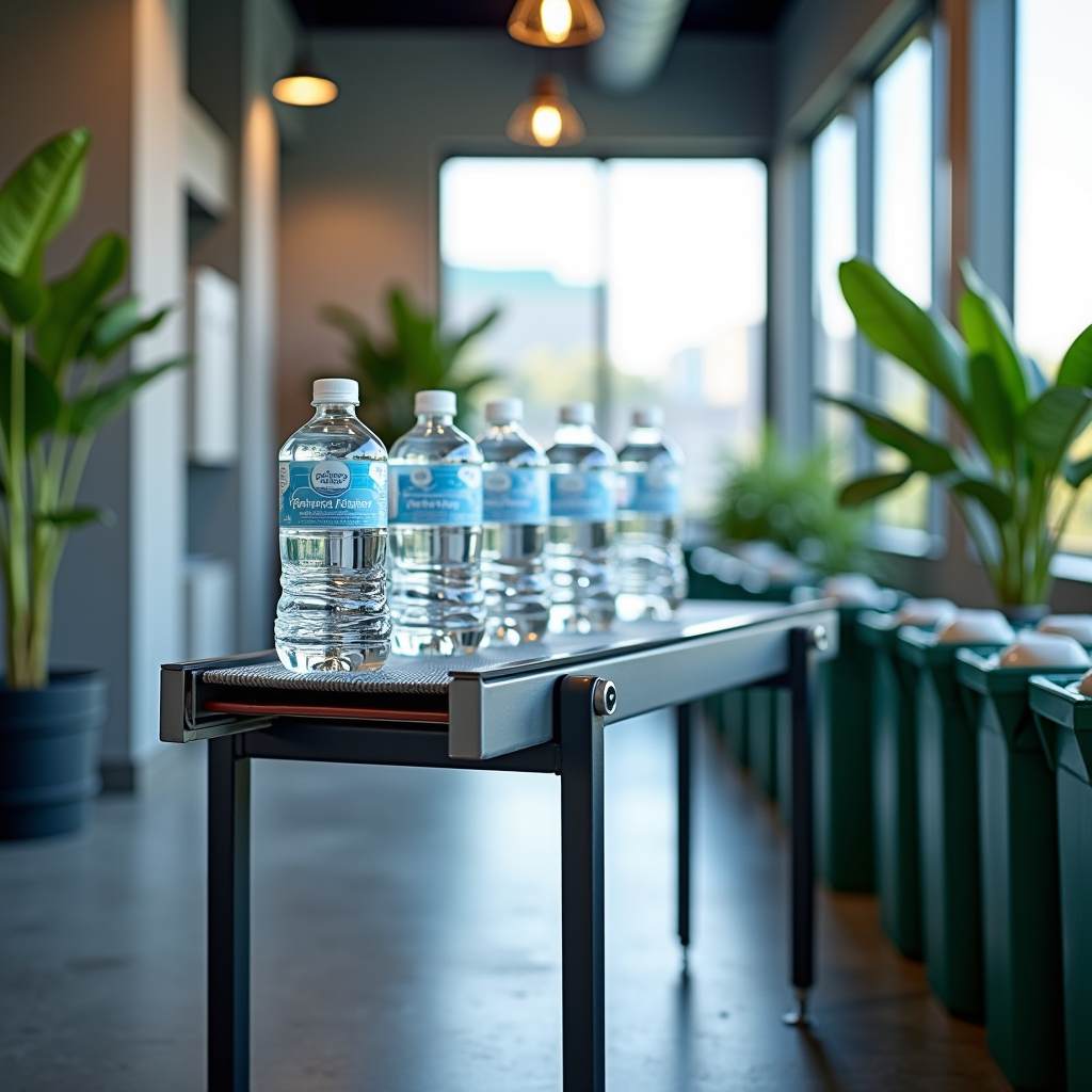 Modern eco-friendly MaxPure facility showcasing returnable glass bottles on conveyor belt and organized recycling bins for plastic containers, with green plants and natural lighting, representing sustainable water delivery practices