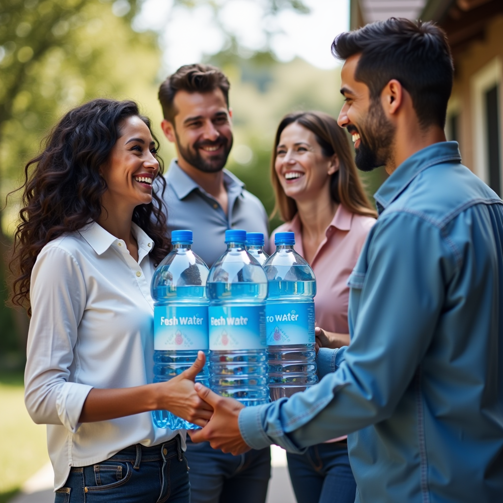 Professional water delivery service bringing fresh purified water bottles to a residential home with smiling family members greeting the delivery person