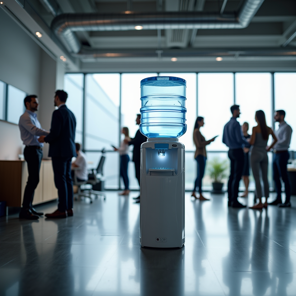 Modern office space with professional water cooler station and employees gathering around for refreshment, showcasing business water delivery service