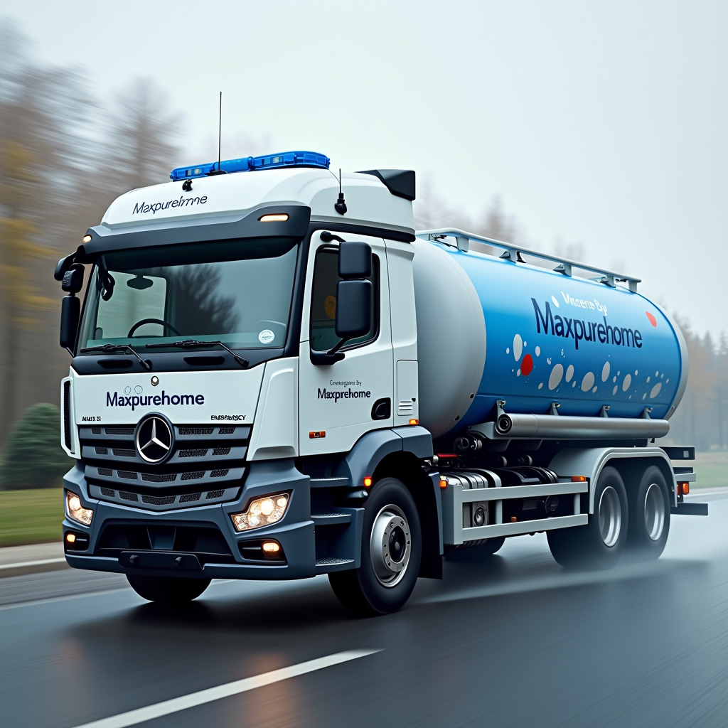 Emergency water delivery truck with maxpurehome branding rushing to deliver water supplies during urgent situation