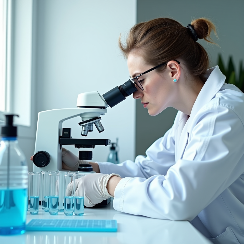 Professional water testing laboratory with modern equipment, scientist in white coat analyzing water samples under microscope, clean white environment with testing tubes and quality control instruments