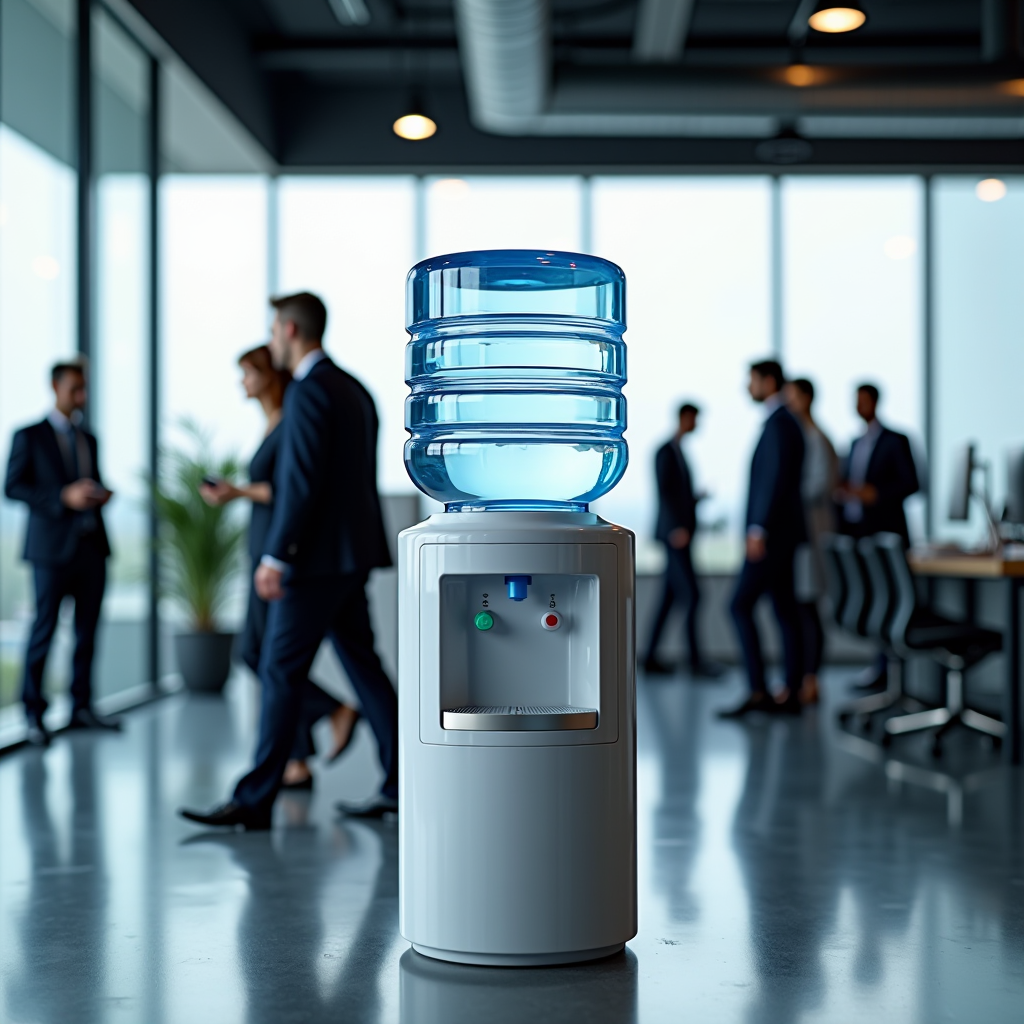 Professional office environment with water cooler station and business people in modern corporate setting, showing bulk water delivery for commercial establishments
