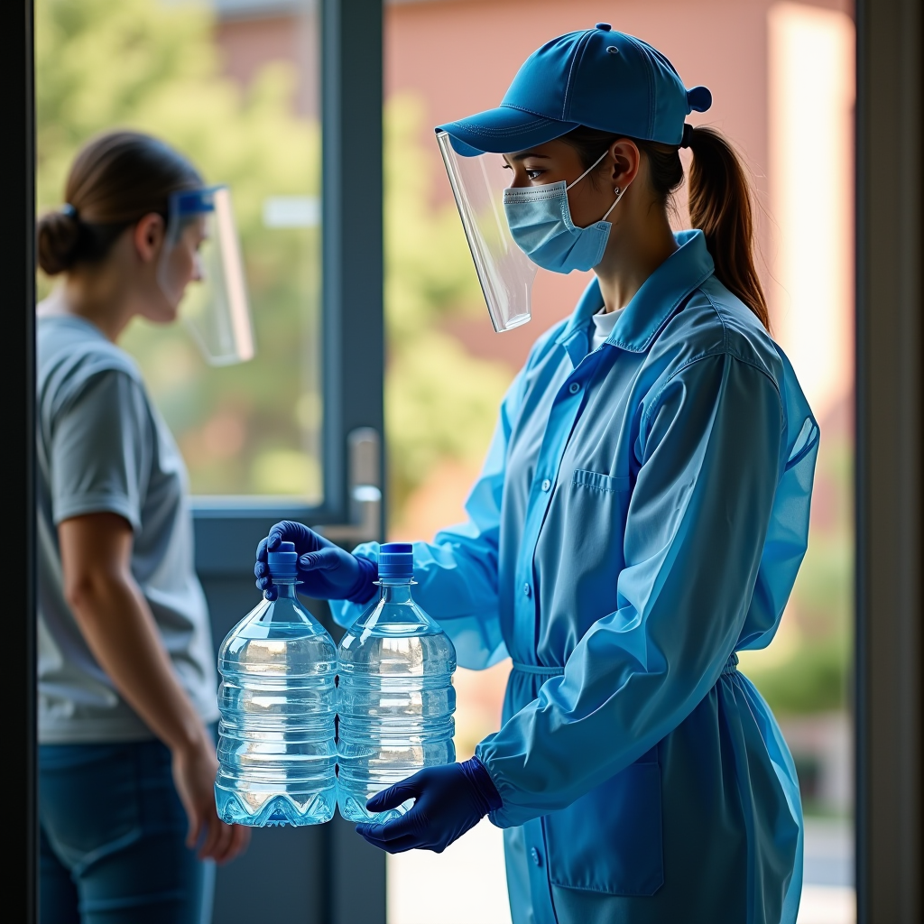 Professional water delivery service demonstrating contactless delivery with delivery person wearing protective equipment placing sanitized water bottles at customer's doorstep following safety protocols