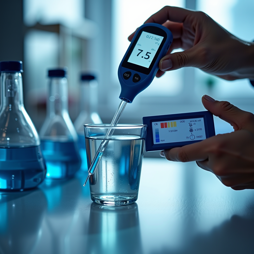 Digital pH meter testing water sample, showing optimal pH level of 7.5 on display, laboratory setting with calibration solutions and testing beakers, professional water quality monitoring equipment