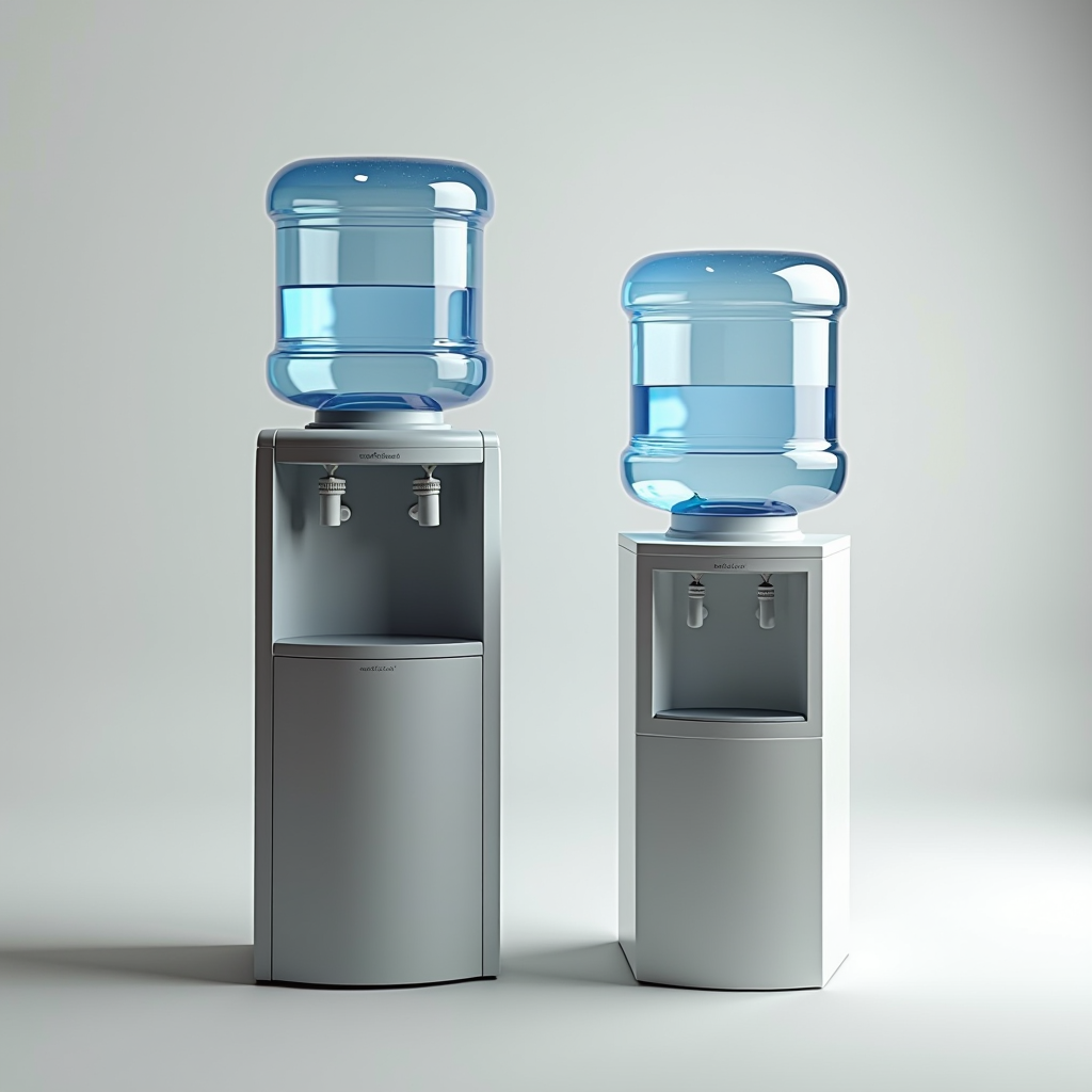 Modern energy-efficient water cooler next to old outdated model showing comparison of features, temperature controls, and hygiene improvements for office or home use