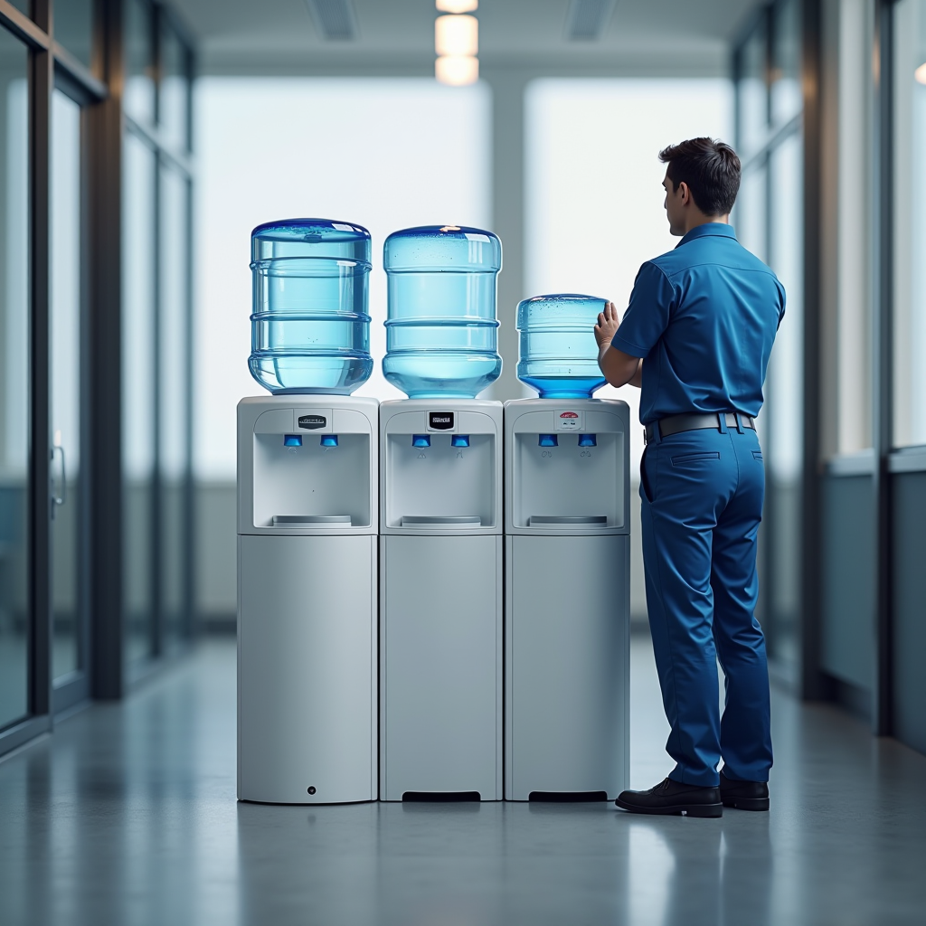 Modern water cooler dispensers in various styles including hot-cold units and bottom-load systems, with technician performing maintenance and sanitization service