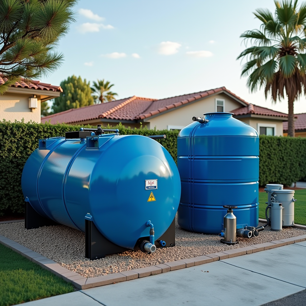 Temporary water supply solution showing large storage tanks and distribution equipment installed at residential property during emergency water shortage