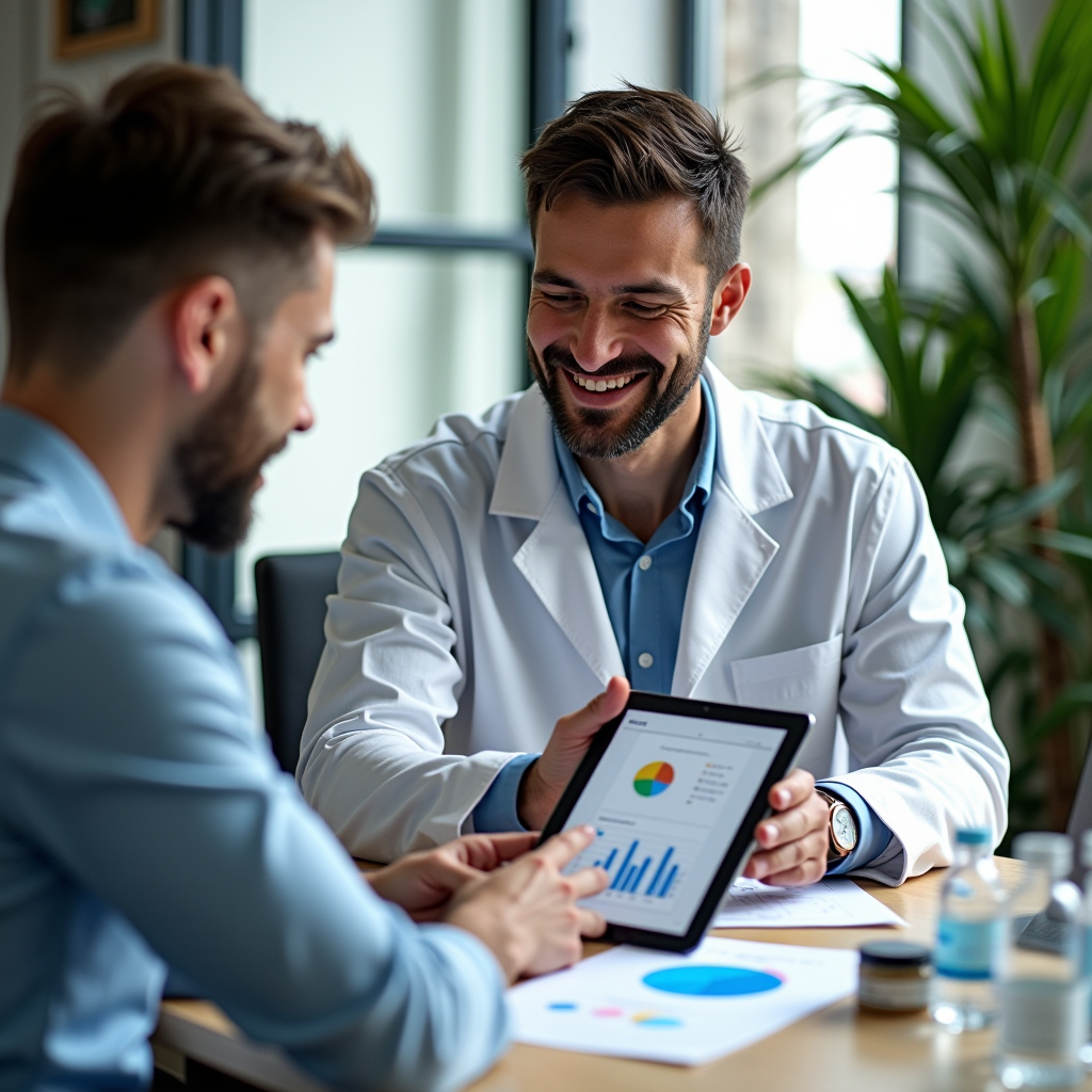 Professional water quality consultant in modern office discussing test results with customer, showing detailed analysis report on tablet, friendly consultation environment with water samples and quality charts on desk