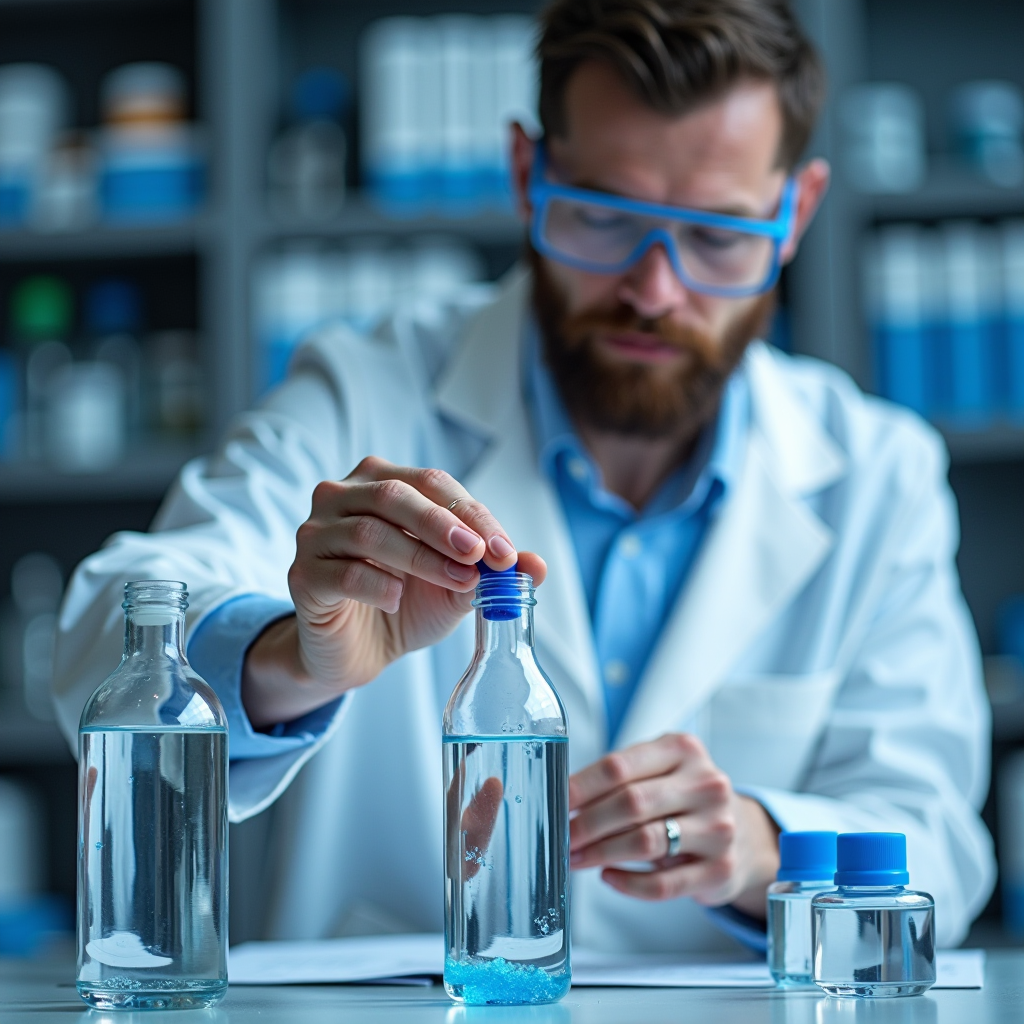 Professional water quality testing laboratory with scientist analyzing water samples, showing pH testing equipment, mineral content evaluation, and quality certification process